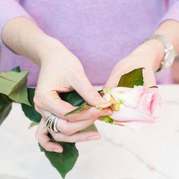 Tips for arranging your roses: Take off any unattractive or damaged rose petals and leaves. 