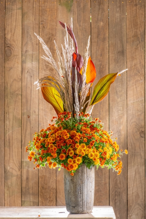 Fall Floral Arrangement with Mums and Dried Grass