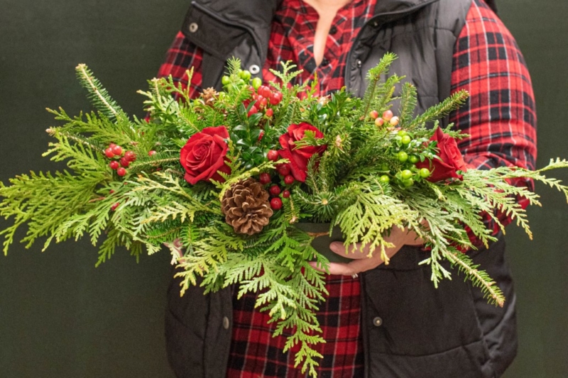 Fresh Greens with Roses and Berries, Christmas Centerpiece