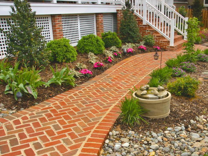 Brick Walk with Boxwood and Perennials