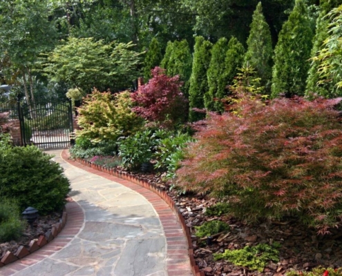 Brick and Stone Path with Evergreen Plantings