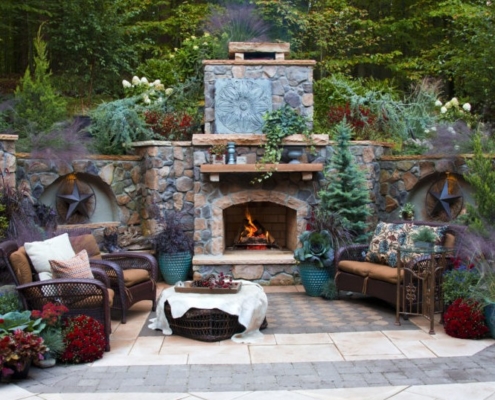 Cobblestone Fireplace on Stone and Slate Patio, Landscape Design